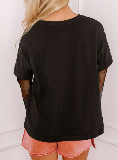 Floral Mesh Sleeve Crewneck Top