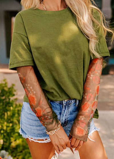 Floral Mesh Sleeve Crewneck Top