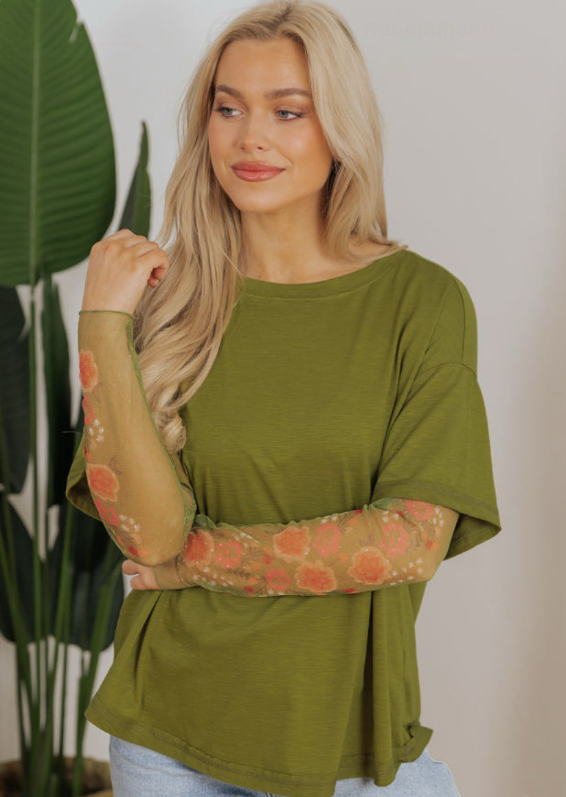 Floral Mesh Sleeve Crewneck Top