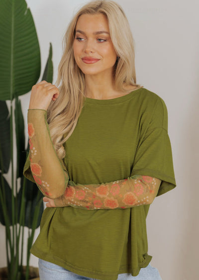 Floral Mesh Sleeve Crewneck Top