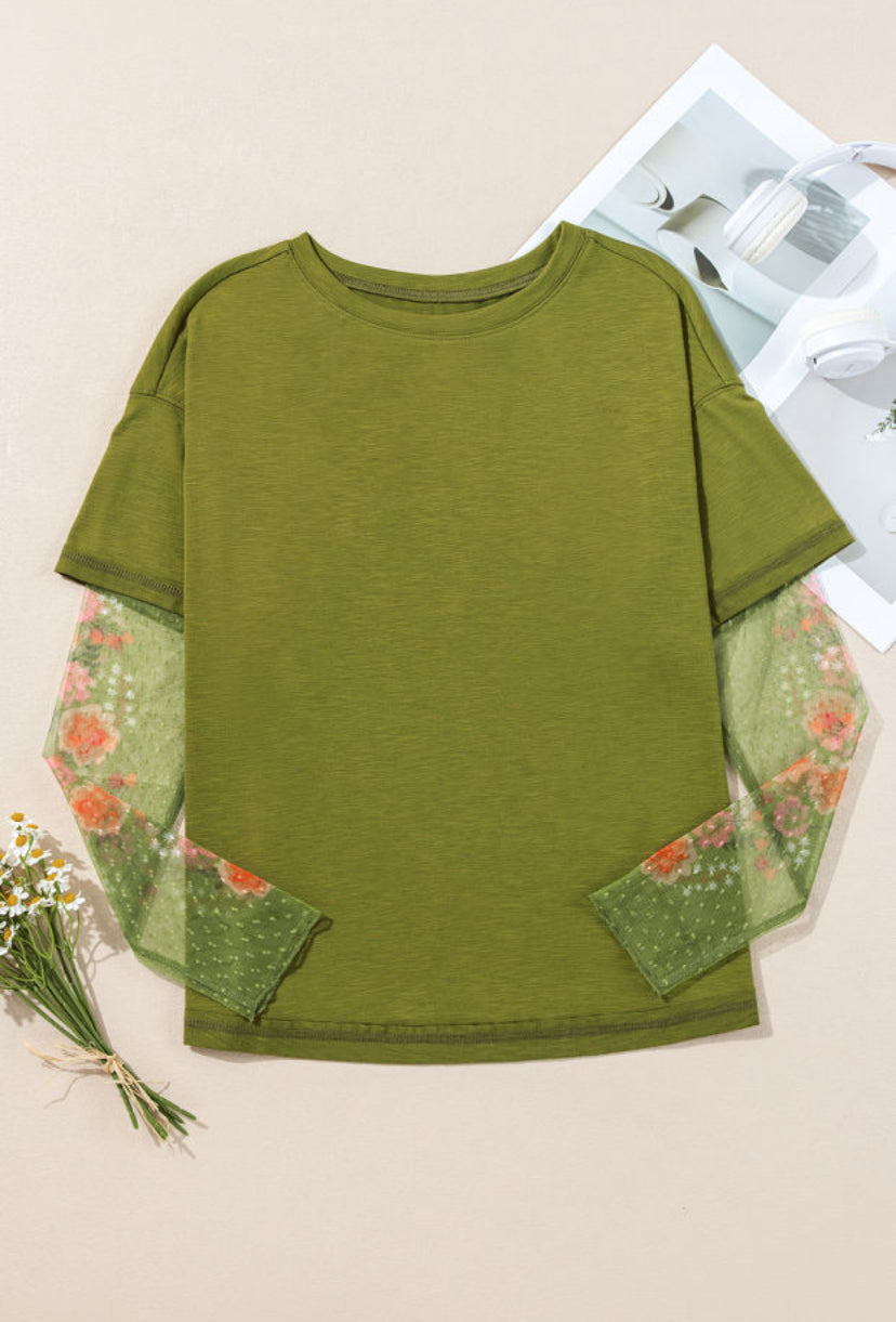 Floral Mesh Sleeve Crewneck Top