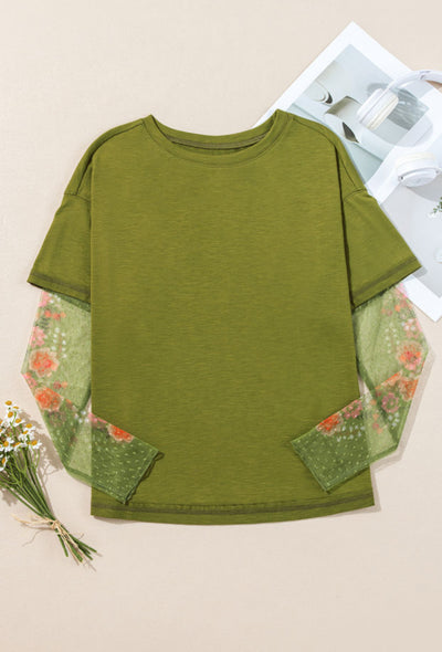 Floral Mesh Sleeve Crewneck Top