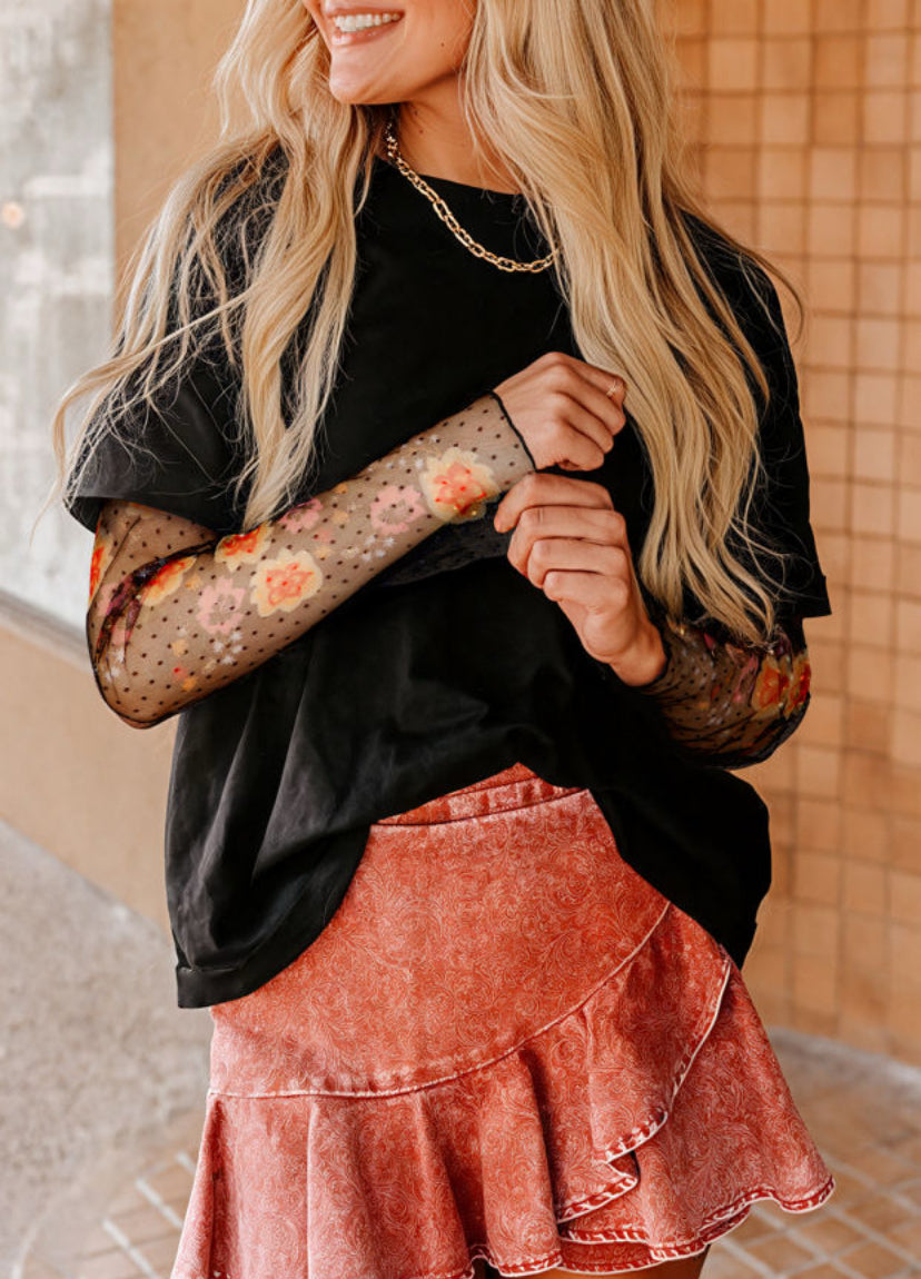 Floral Mesh Sleeve Crewneck Top