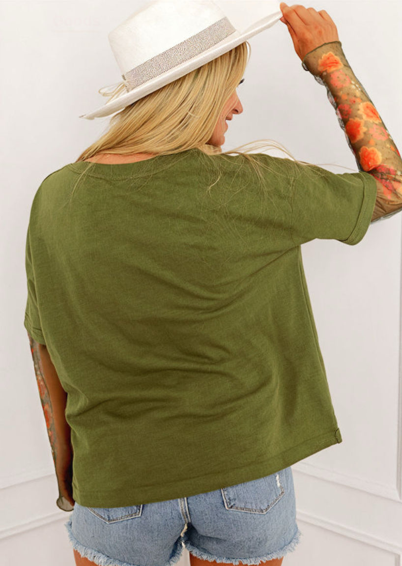 Floral Mesh Sleeve Crewneck Top