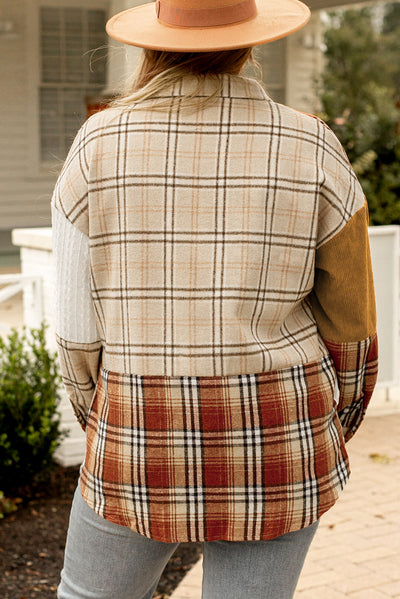 Orange Plaid Color Block Patchwork Button Down