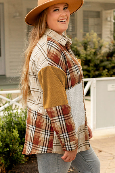 Orange Plaid Color Block Patchwork Button Down