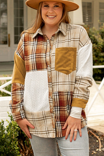 Orange Plaid Color Block Patchwork Button Down