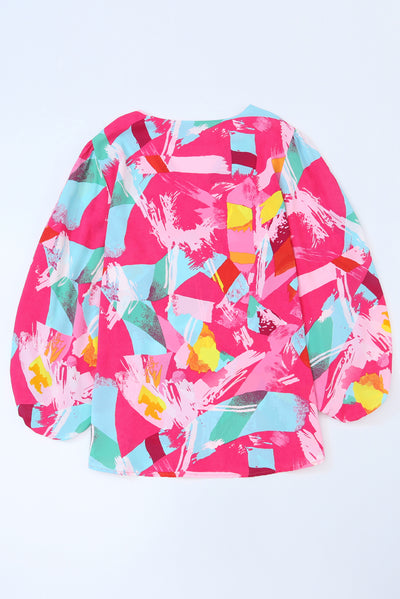 Pink Plus Size Graffiti Print Split Neck Puff Sleeve Blouse