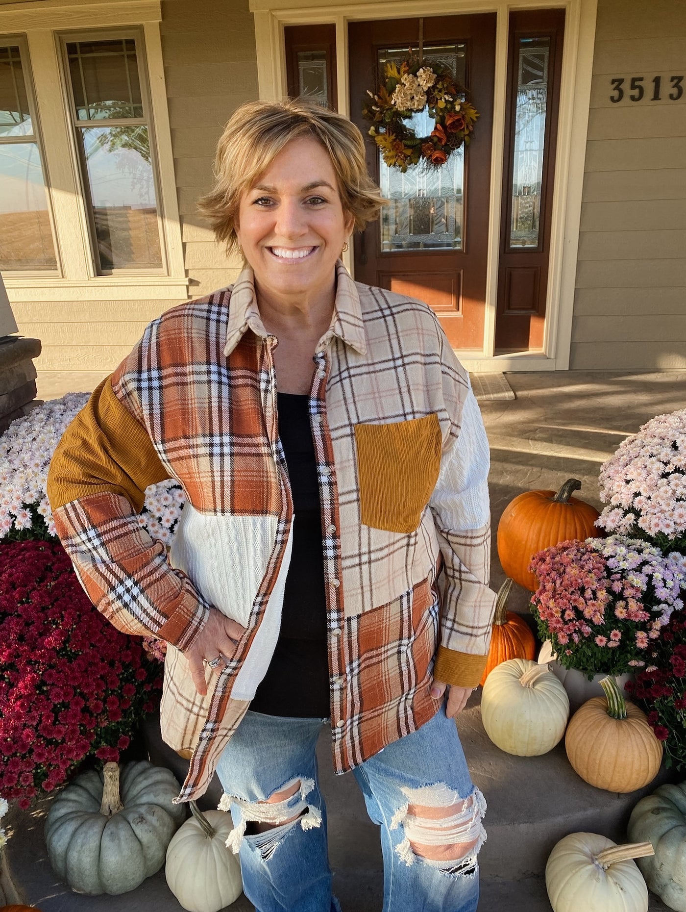 Orange Plaid Color Block Patchwork Button Down