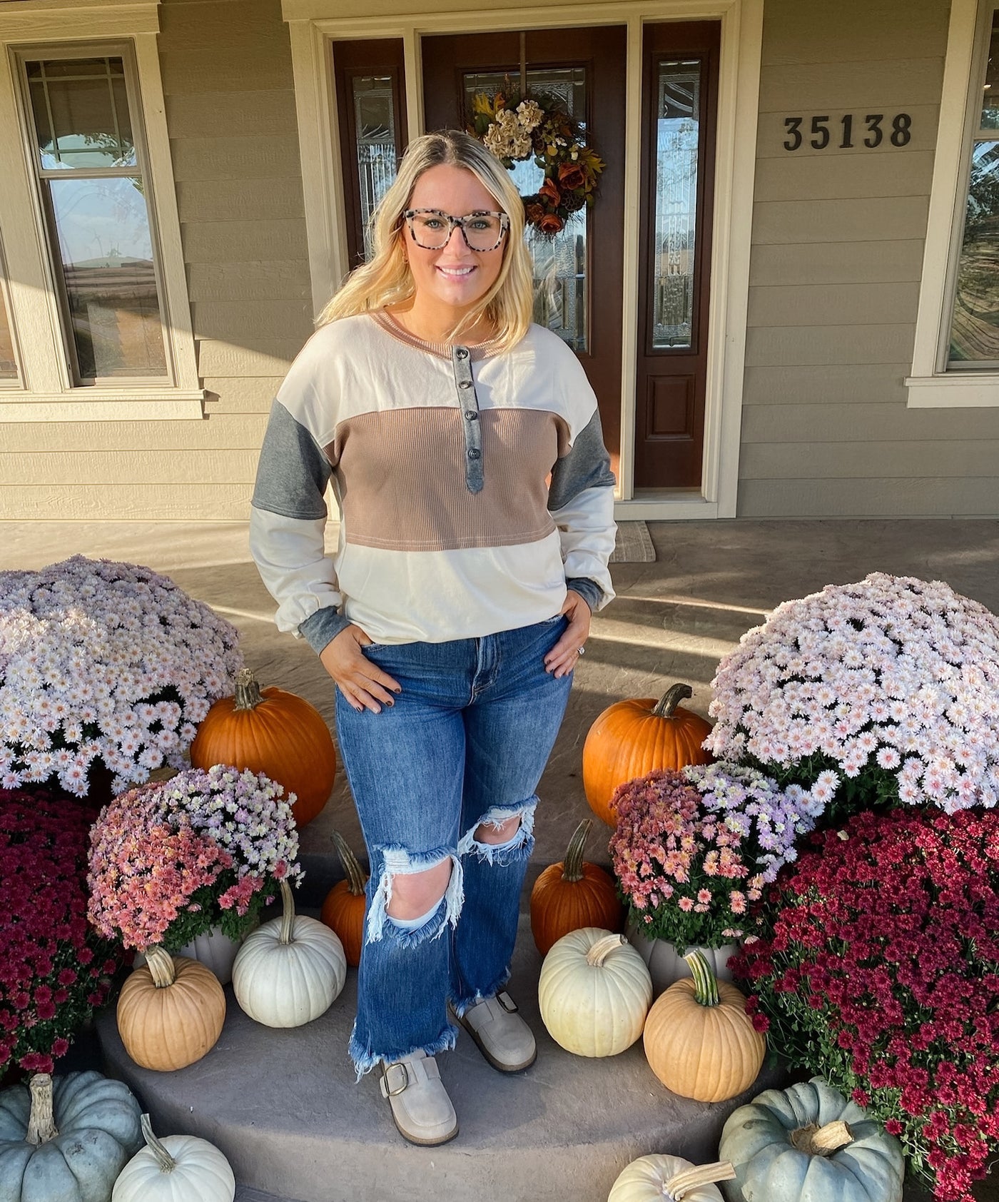 Jet Stream Color Block Waffled Patchwork Loose Henley Top