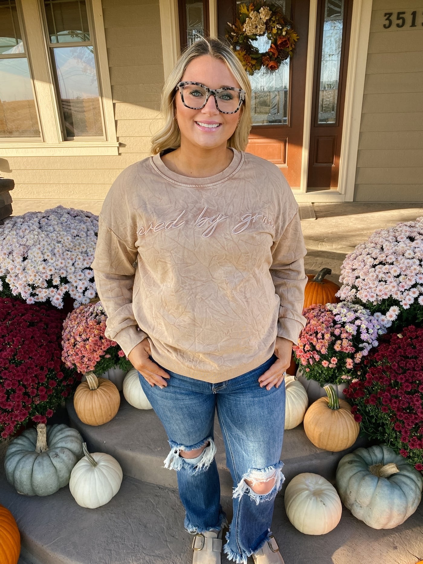 Saved by Grace Letter Embroidered Mineral Wash Sweatshirt