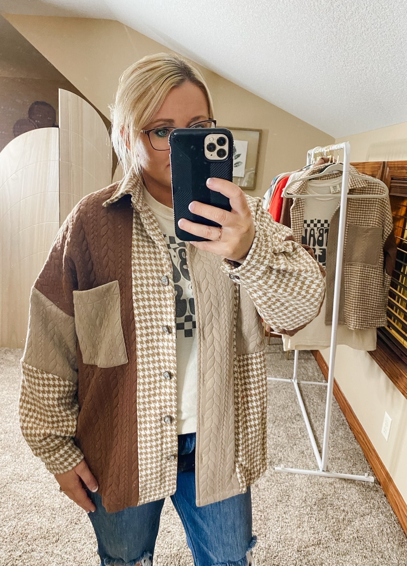 Mocha Mixed Plaid Patchwork Shacket