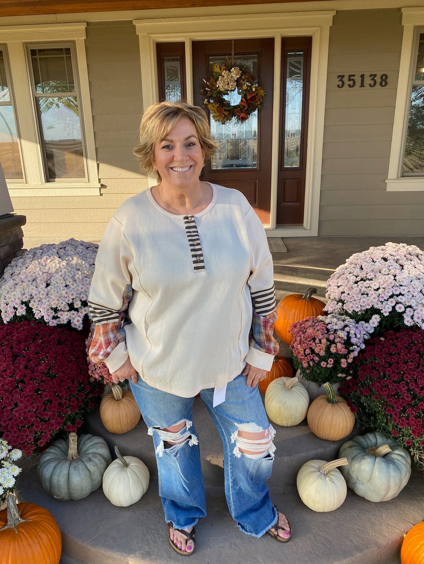 Waffle Colorblock Striped Plaid Patchwork Pullover Plus Top