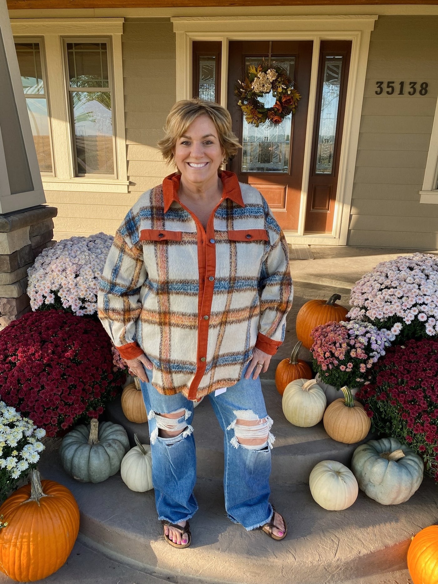 Plus Size Striped Plaid Print Buttoned Jacket