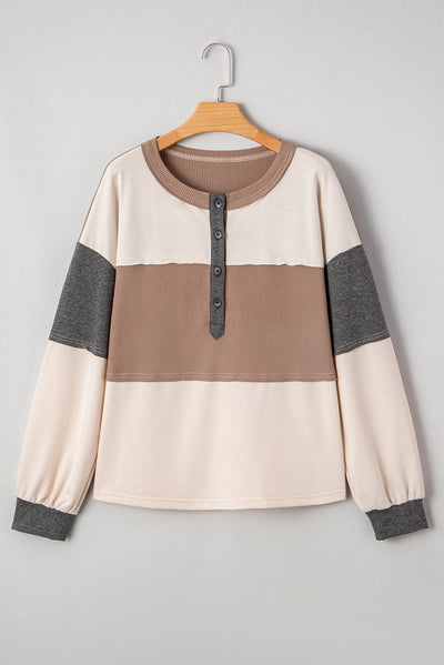 Jet Stream Color Block Waffled Patchwork Loose Henley Top