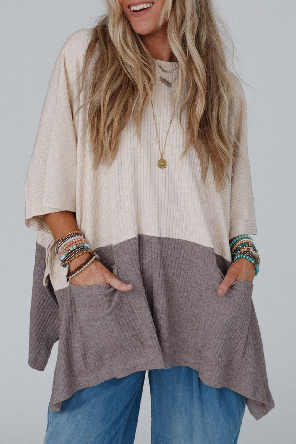 Oversized Khaki Color Block Knit Top