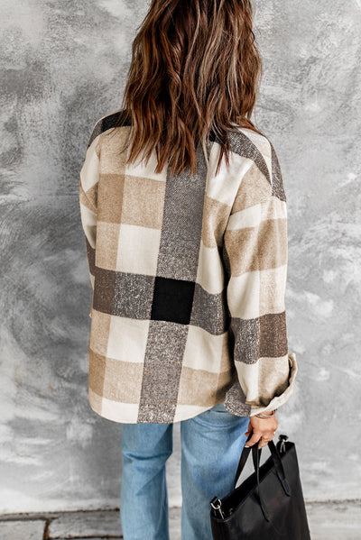 Khaki Plaid Color Block Buttoned Shacket