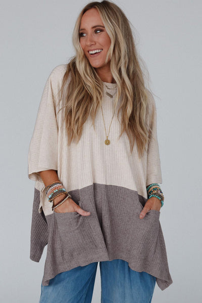 Oversized Khaki Color Block Knit Top