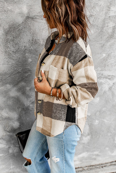 Khaki Plaid Color Block Buttoned Shacket