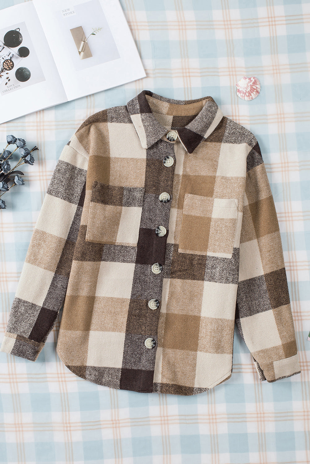 Khaki Plaid Color Block Buttoned Shacket