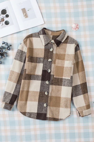 Khaki Plaid Color Block Buttoned Shacket