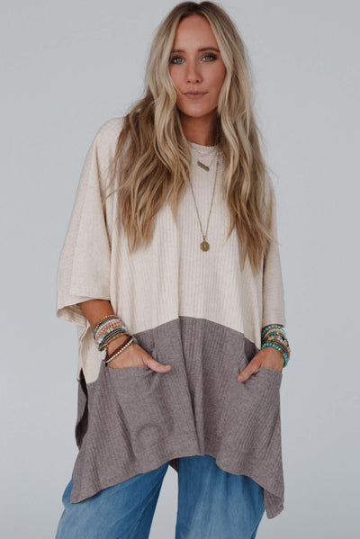 Oversized Khaki Color Block Knit Top