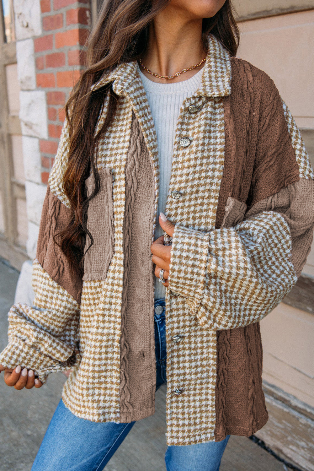 Mocha Mixed Plaid Patchwork Shacket