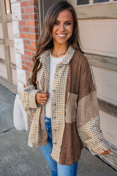 Mocha Mixed Plaid Patchwork Shacket