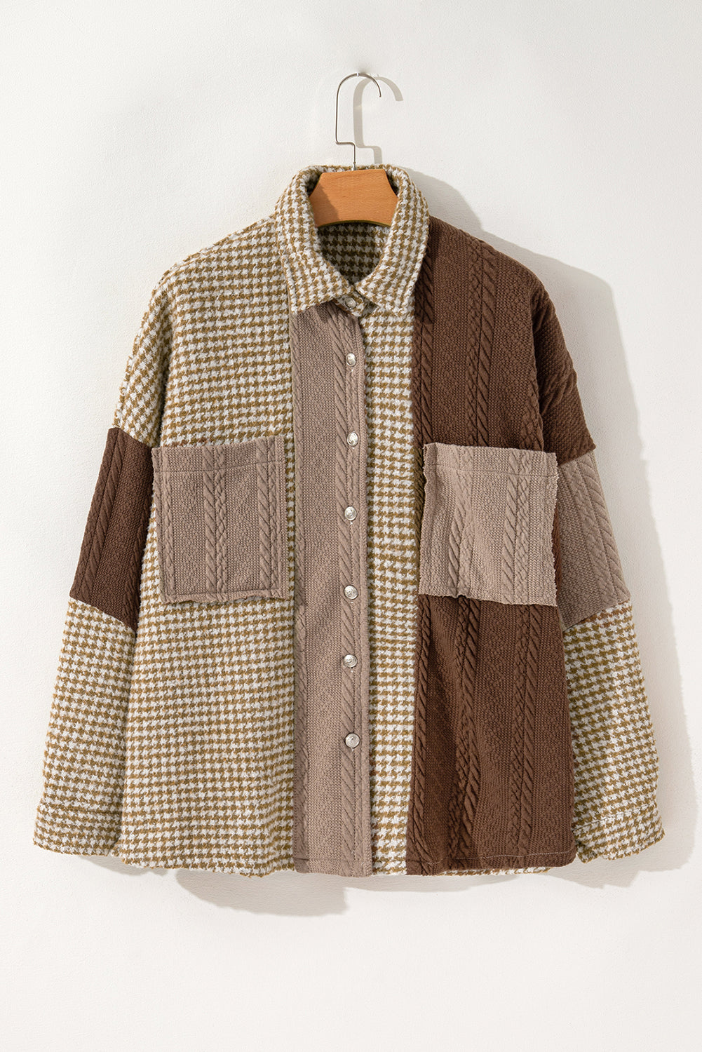 Mocha Mixed Plaid Patchwork Shacket