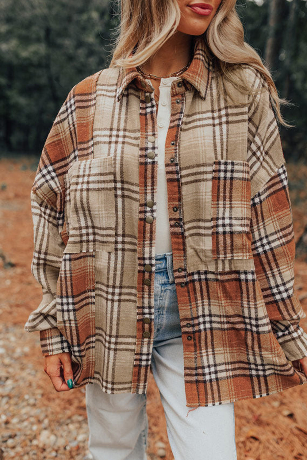 Khaki Plaid Colorblock High Low Shacket