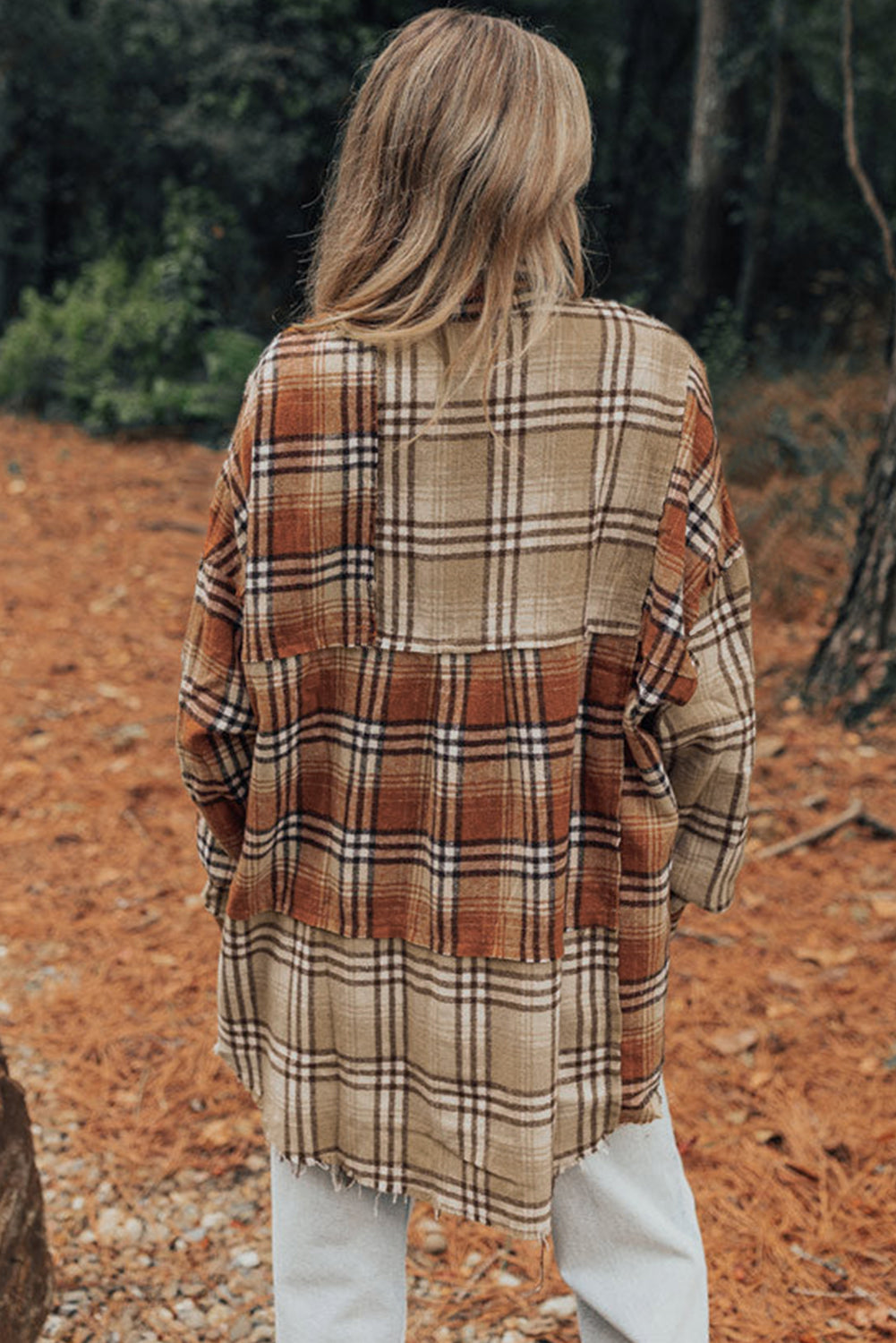 Khaki Plaid Colorblock High Low Shacket