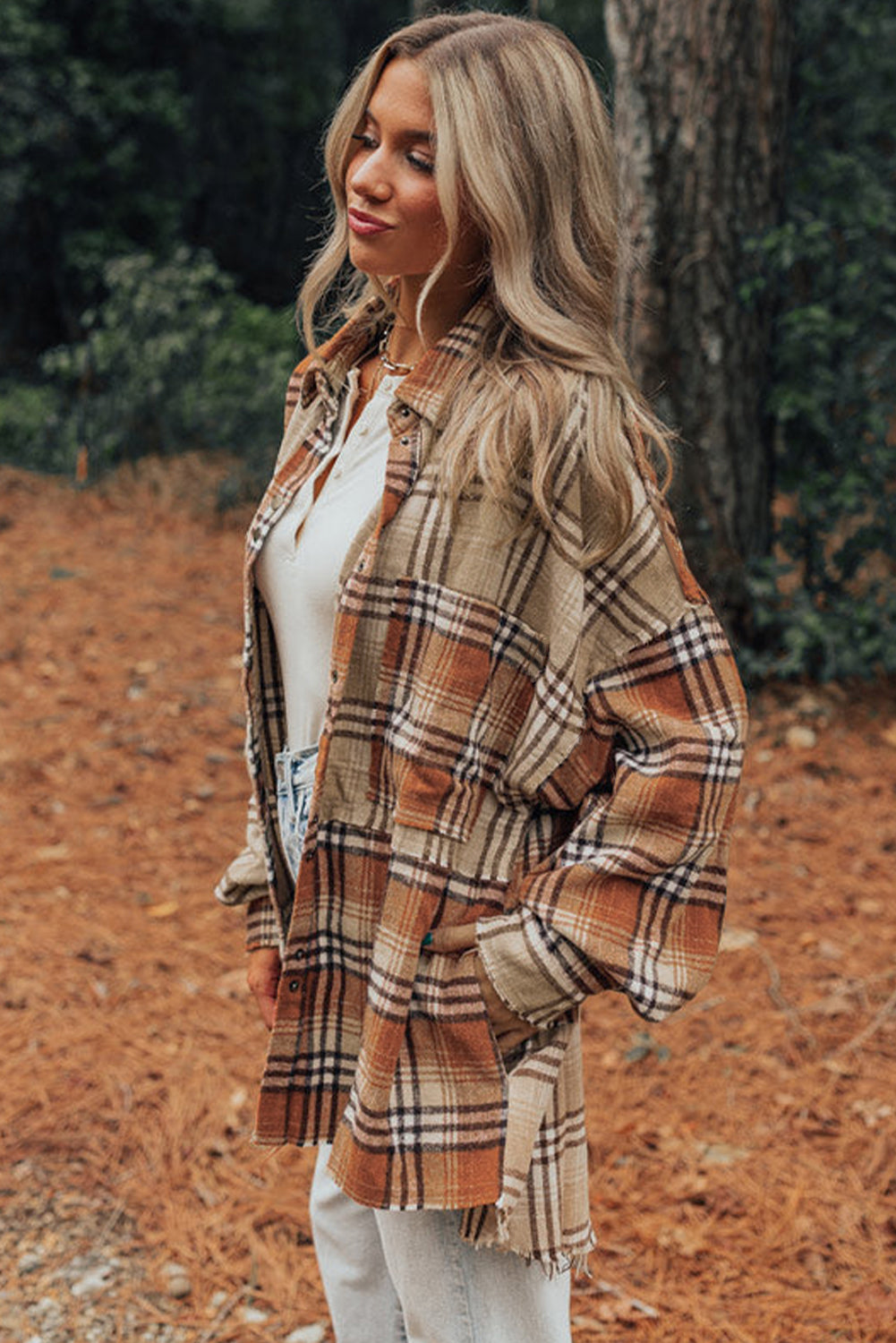 Khaki Plaid Colorblock High Low Shacket