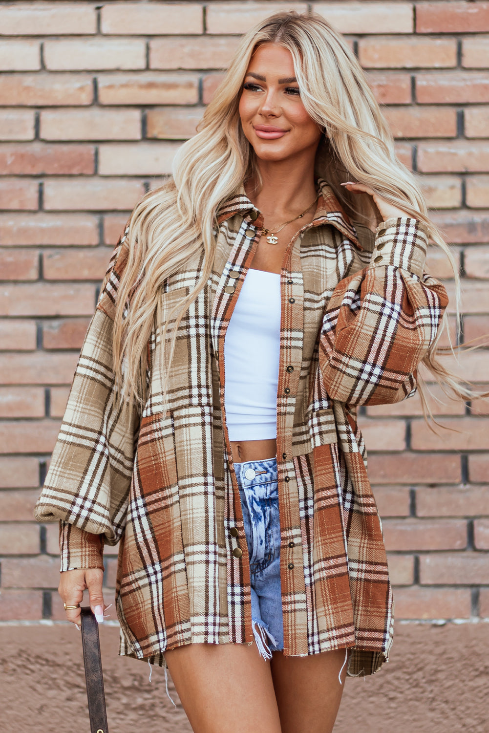 Khaki Plaid Colorblock High Low Shacket