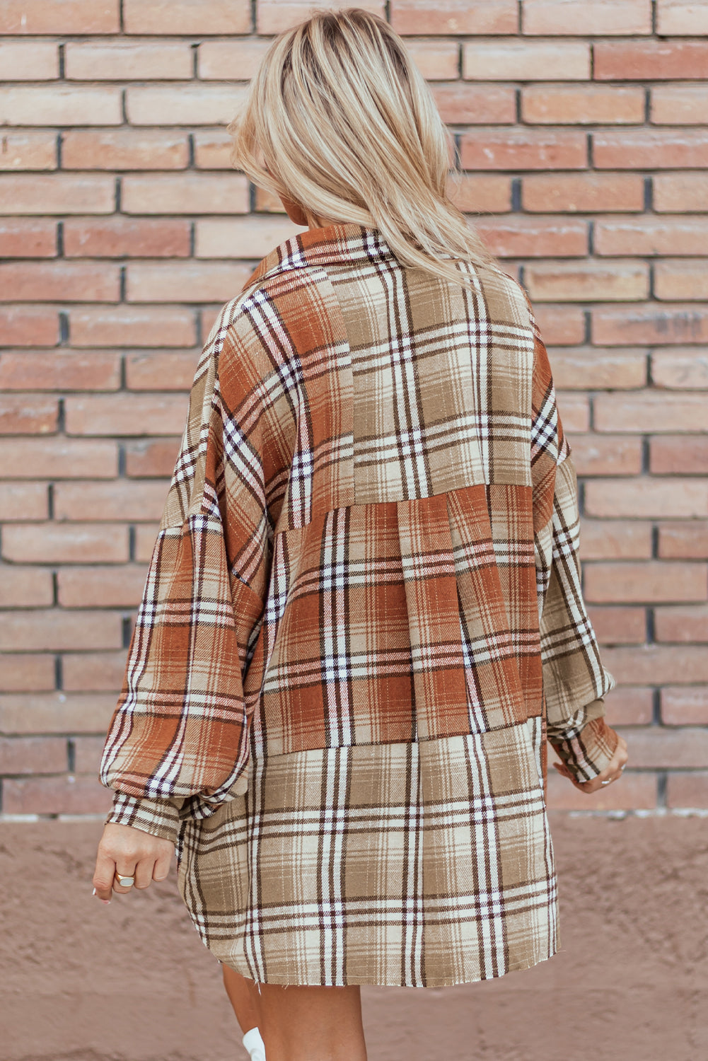 Khaki Plaid Colorblock High Low Shacket