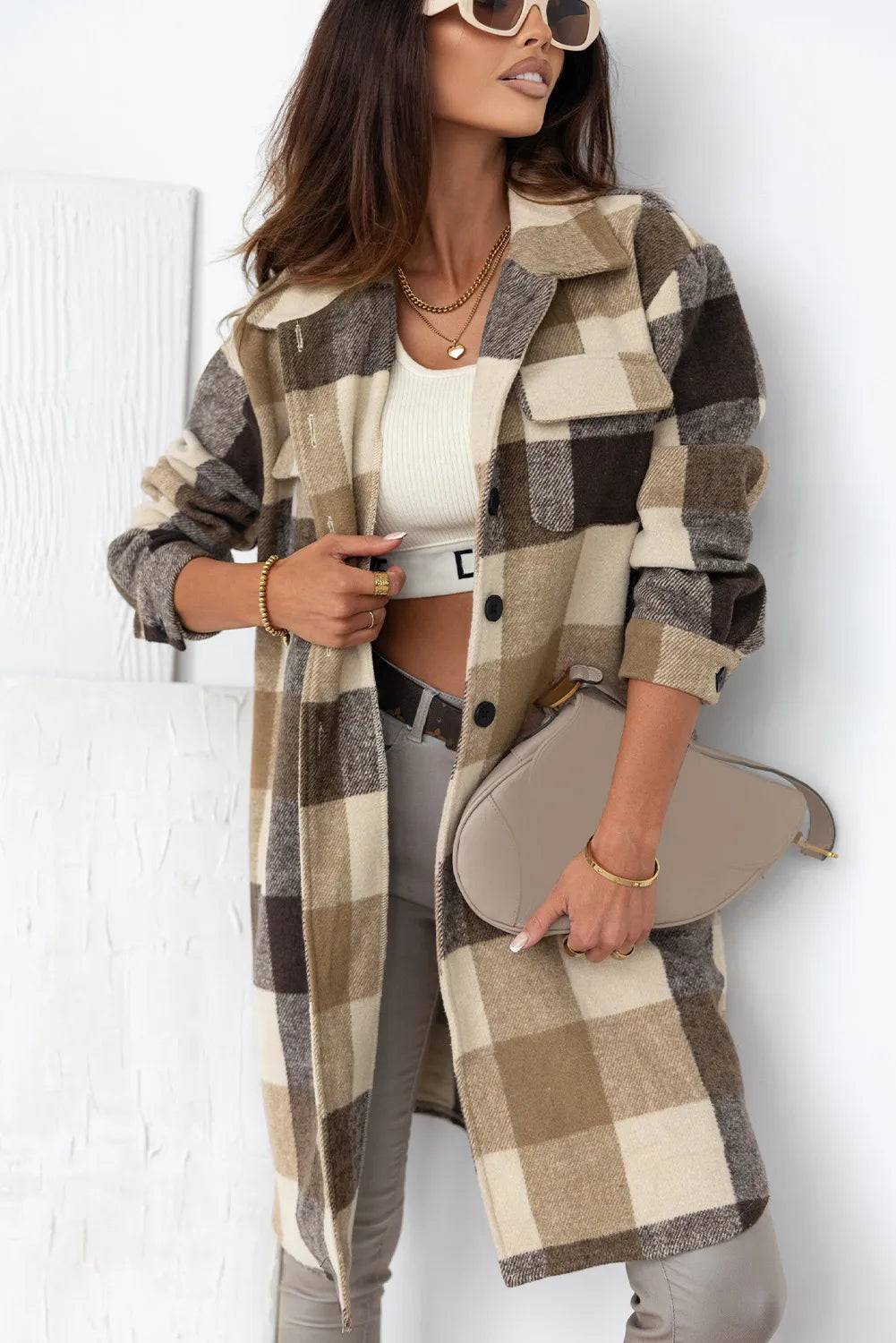 Khaki Plaid Button Down Long Shacket