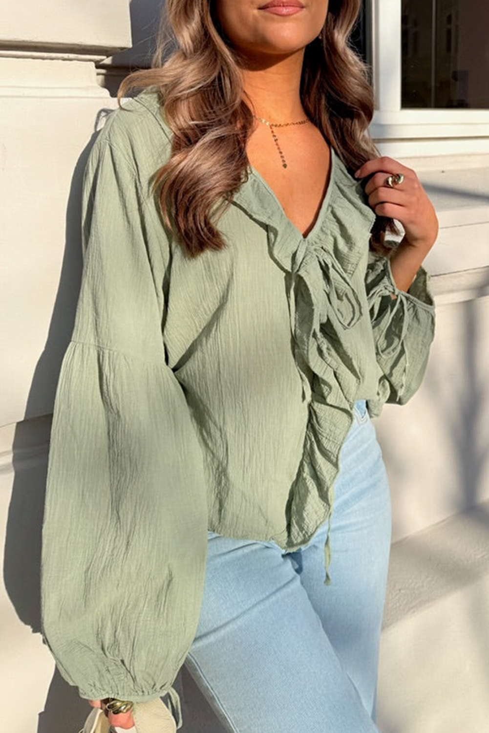 Meadow Mist Green Bow Tie Gauze Blouse