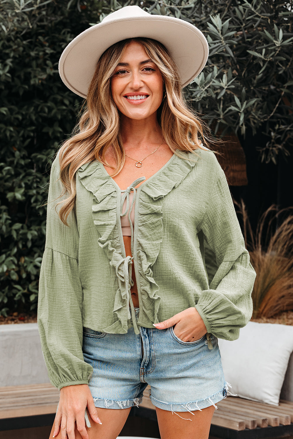 Meadow Mist Green Bow Tie Gauze Blouse