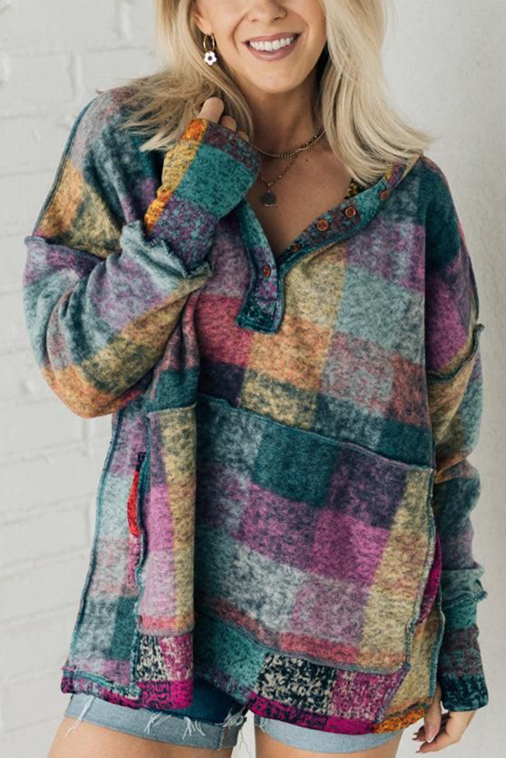 Multicolor Plaid Buttoned Pullover Oversized Hoodie