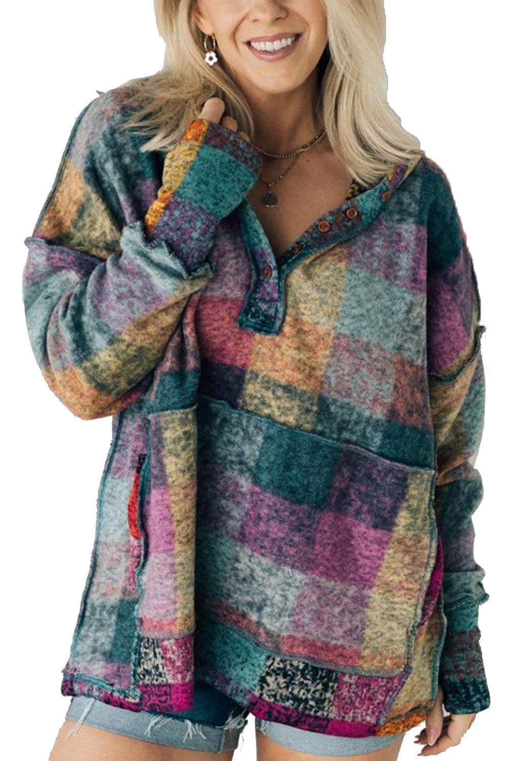 Multicolor Plaid Buttoned Pullover Oversized Hoodie