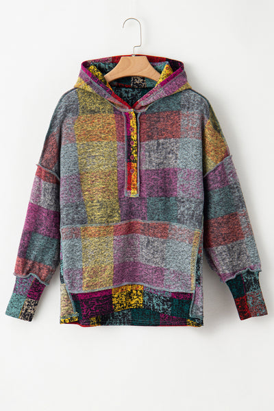 Multicolor Plaid Buttoned Pullover Oversized Hoodie