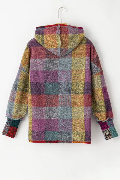 Multicolor Plaid Buttoned Pullover Oversized Hoodie