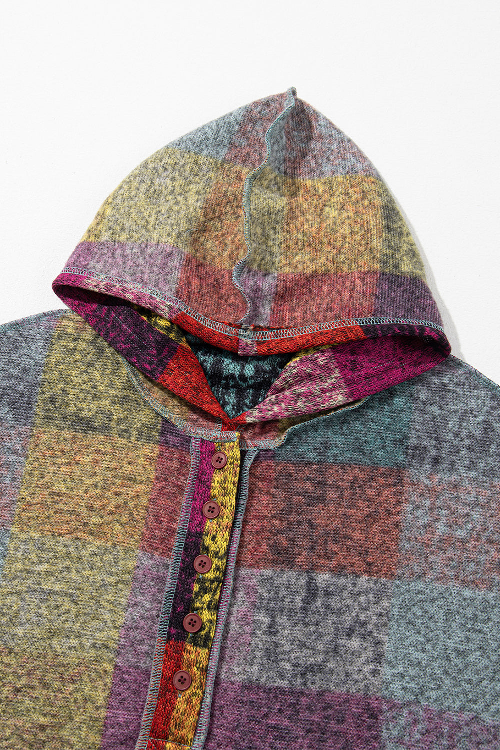 Multicolor Plaid Buttoned Pullover Oversized Hoodie