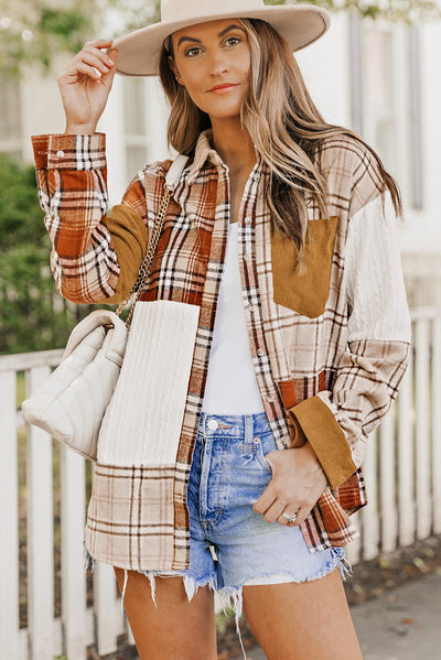 Orange Plaid Color Block Patchwork Button Down