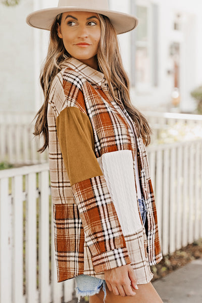 Orange Plaid Color Block Patchwork Button Down