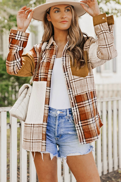 Orange Plaid Color Block Patchwork Button Down