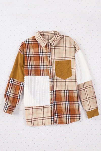 Orange Plaid Color Block Patchwork Button Down