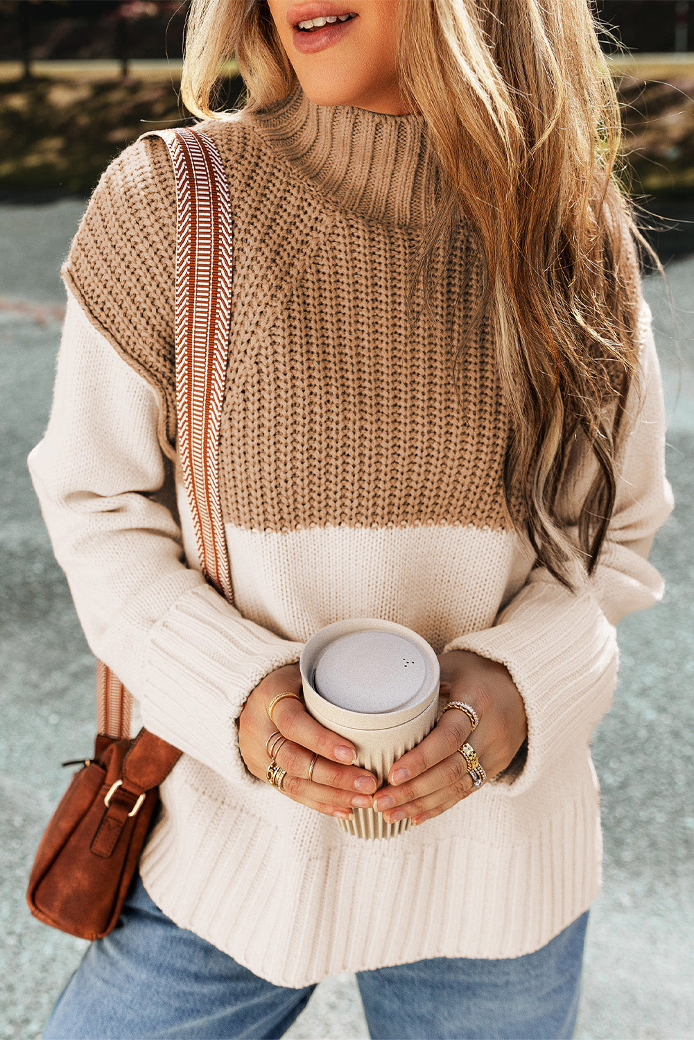 Brown Cable Knit Color Block High Neck Sweater