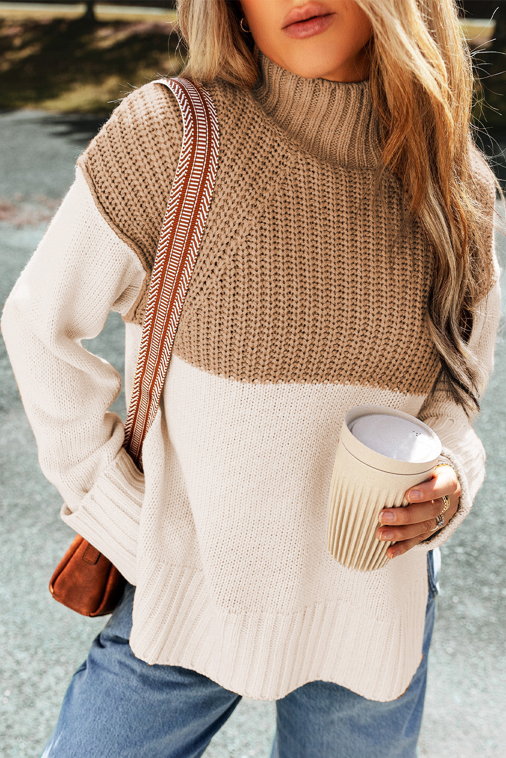 Brown Cable Knit Color Block High Neck Sweater