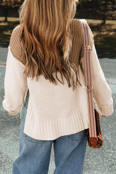 Brown Cable Knit Color Block High Neck Sweater