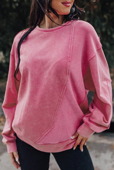 Pink Exposed Seam Waffle Knit Patchwork Sweatshirt